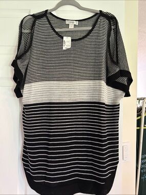 CJ Banks Black & White Striped Cold-Shoulder Tunic